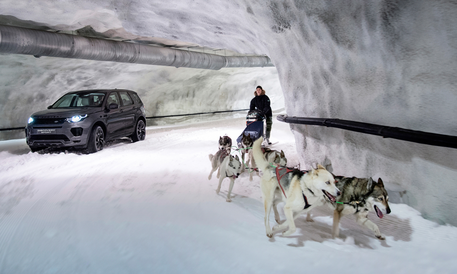 •Discovery Sport takes on dog sled team in unique race at Vesileppis Ski Tunnel in Finland