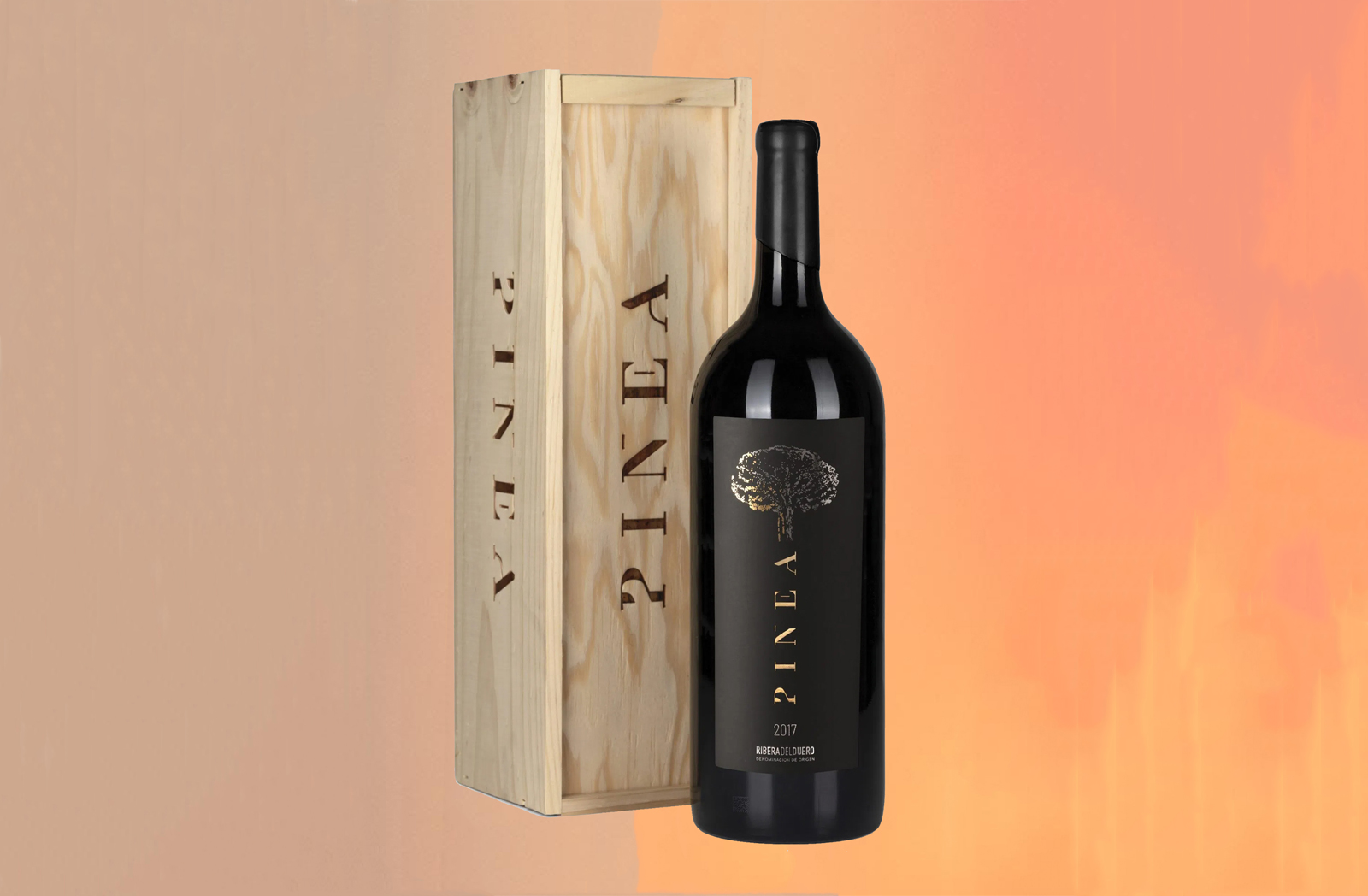 2017 Vintage Of Pinea Tempranillo wine bottle and crate