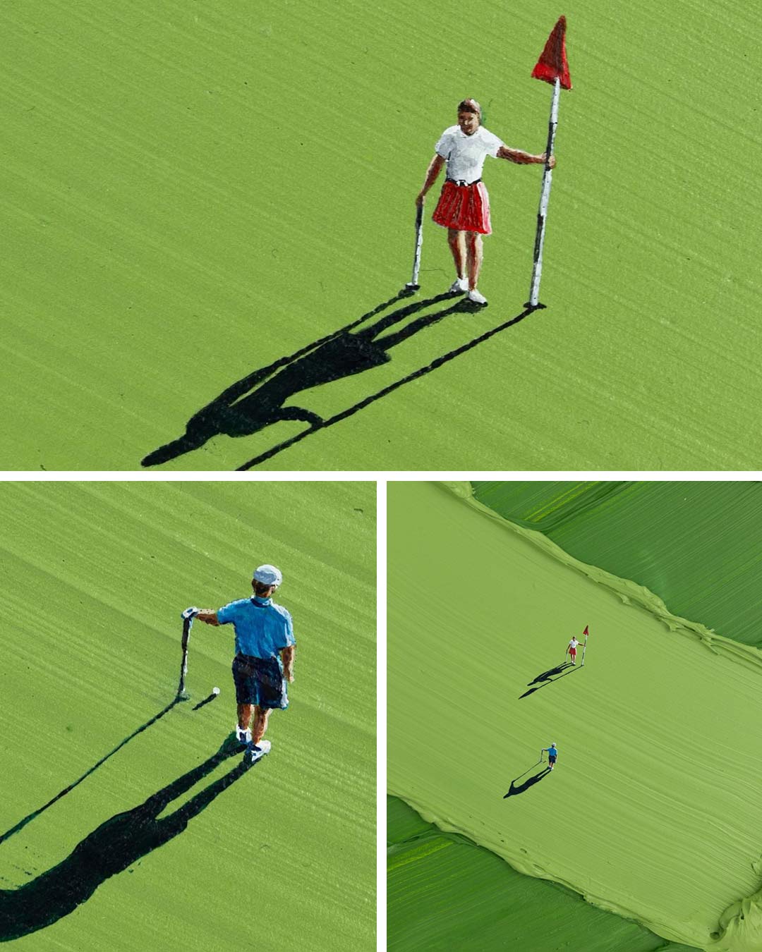 golf is art exhibition piece “birdie chance” showing two golfers standing over a putt in anticipation