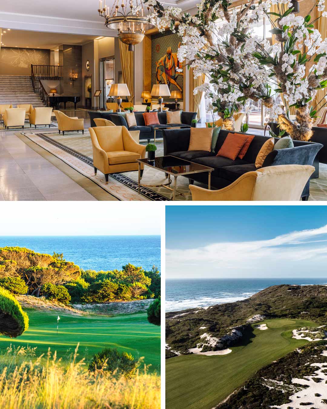 The elegant Four Seasons Hotel Ritz Lisbon (top), the Atlantic drama of Oitavos Dunes (bottom left), and the sweeping coastal vistas of West Cliffs Golf Links (bottom right) showcase Portugal’s distinctive blend of luxury and championship golf.