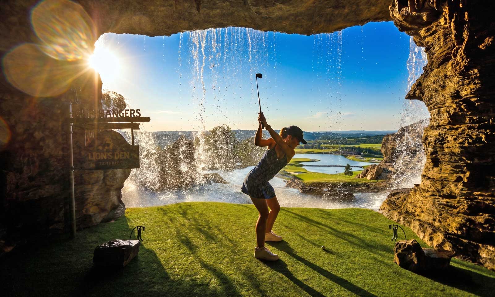 Ozarks golf at Cliffhangers Lion’s Den, featuring a golfer teeing off from a cave through a waterfall toward a scenic green in Branson, Missouri