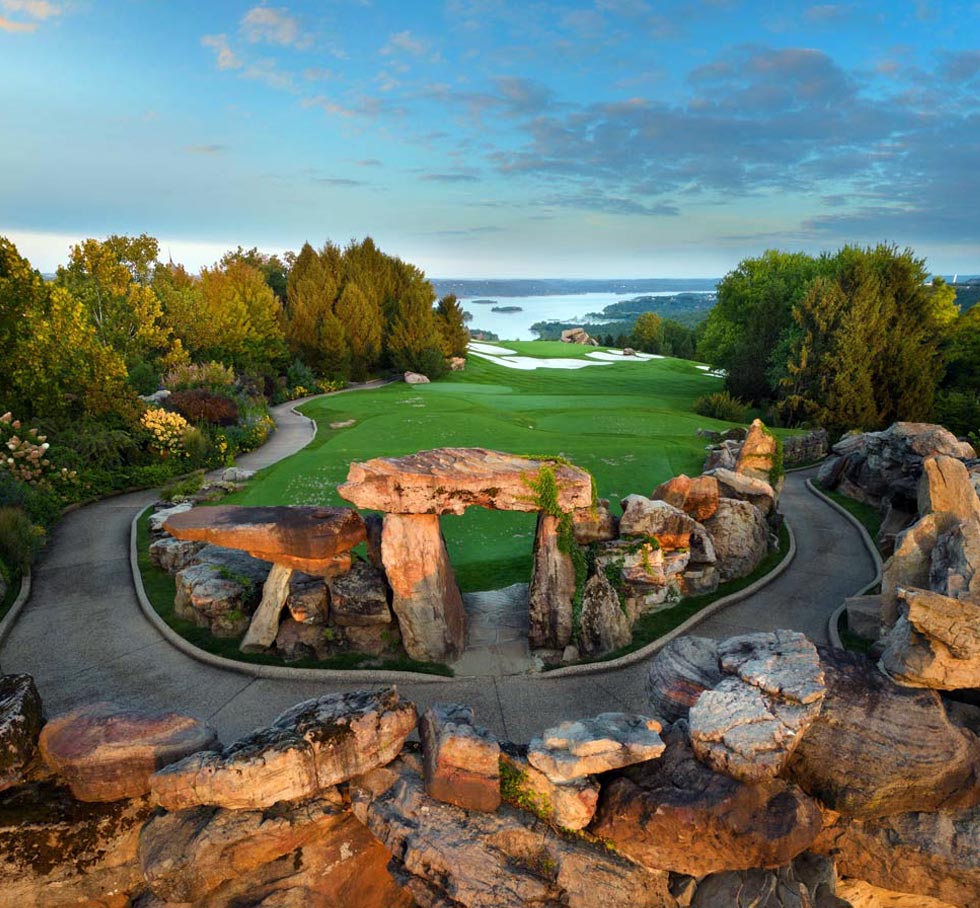 Ozarks golf at Top of the Rock by Jack Nicklaus, featuring a scenic par-3 layout with rock formations and lake views in Branson, Missouri