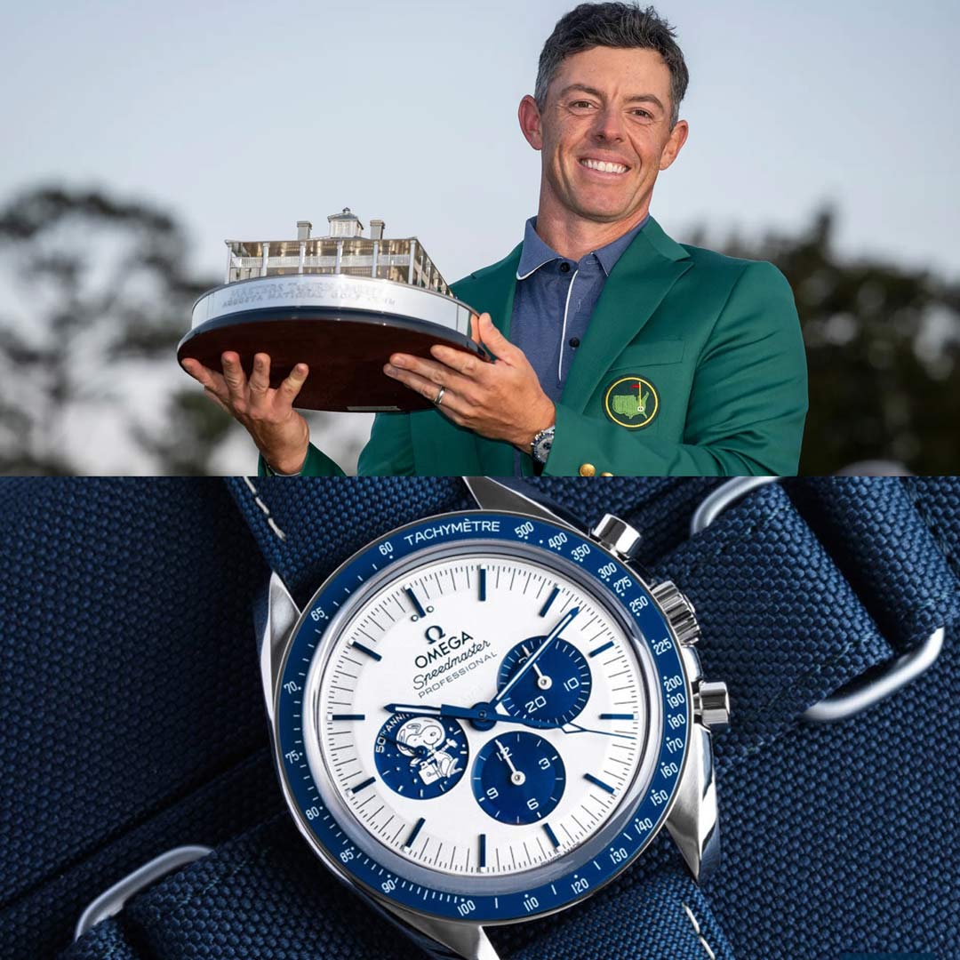 Rory McIlroy holds the 2025 Masters trophy at Augusta National alongside an Omega Speedmaster Silver Snoopy Award watch
