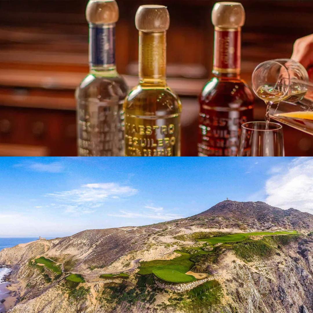 equila bottles and a panoramic view of Quivira Golf Club overlooking the Pacific Ocean in Los Cabos.