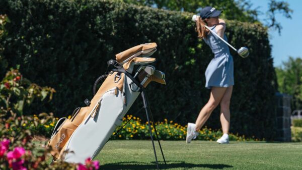 The 2026 XXIO x VESSEL Latte Collection pairs clubs with a matching stand bag.